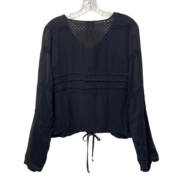 Johnny Was Black Embroidered Button-Front Blouse Roll Tab Sleeve Waist Tie Small - Picture 3 of 11